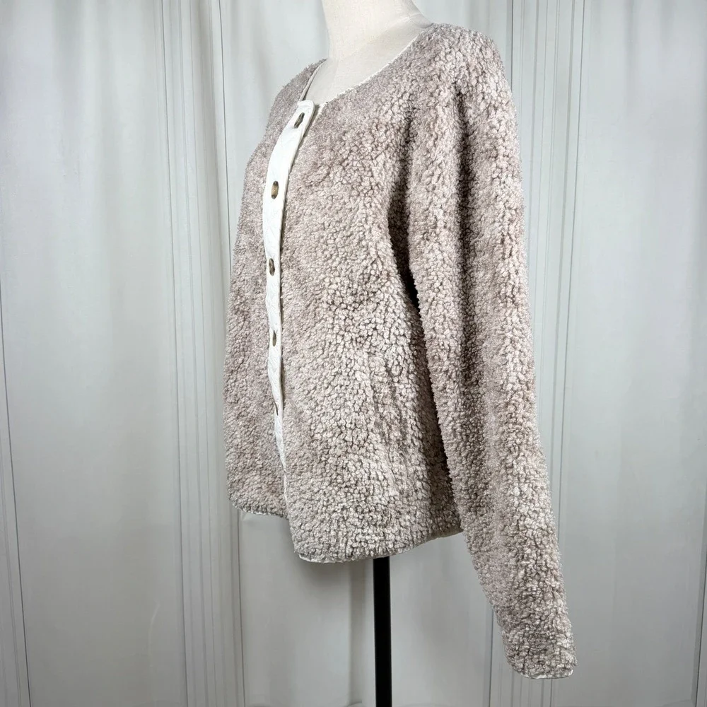 Lucky Brand Faux Shearling Jacket Neutral Multi Taupe Quilted Trim Button L
